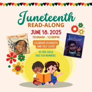 two kids reading a book, daydreaming about "I love my hair" and "Sulwe". The flyer is promoting a Juneteenth read-along experience.
