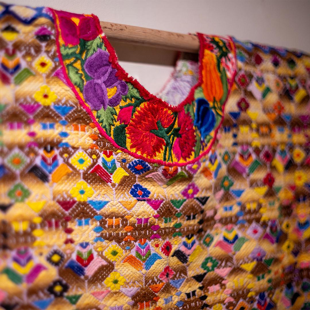 20th-century Huipil woven textile on display in the Village Arts Gallery at the Global Village Museum, Fort Collins, Colorado