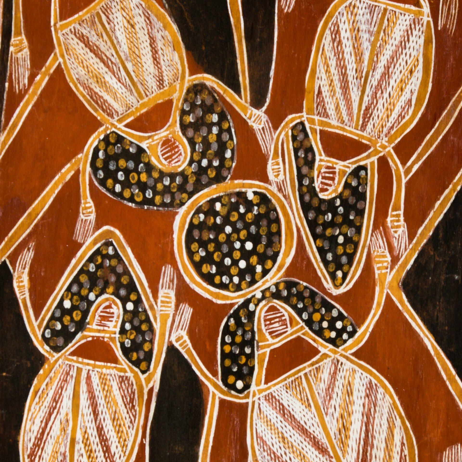 Brown bark painting featuring four frogs dancing together